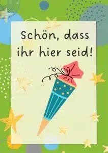 eine bunte karte mit deutschem text schön, dass ihr hier seid! und einer illustration einer verzierten papiertüte mit sternen, umgeben von gelben sternen auf grünem hintergrund mit abstrakten mustern.