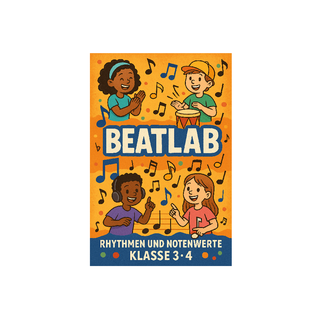 Klasse ¾, immer donnerstags illustration von vier kindern, die musikinstrumente spielen und klatschen, umgeben von bunten musiknoten. der text lautet "beatlab" und darunter "rhythmen und notenwerte klasse 3 4" auf orangefarbenem hintergrund.