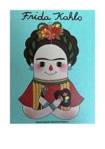 illustrierter umschlag eines buches mit dem titel "frida kahlo", der eine karikatur von frida mit blumen im haar, kräftigen augenbrauen, buntem schmuck und künstlerwerkzeugen in den händen zeigt. autorin: maría isabel sánchez vegara.