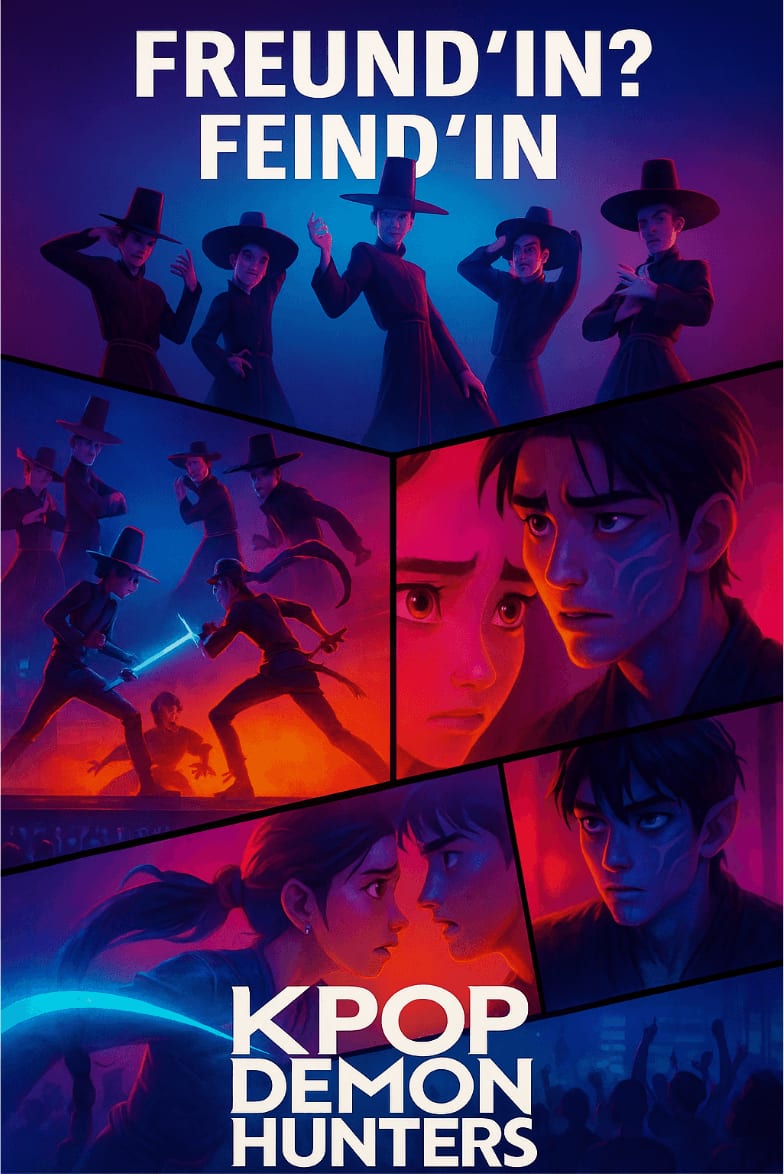 ein stilisiertes filmplakat zeigt k pop idole als dämonenjäger, mit dramatischen szenen mit glühenden schwertern, intensiven blicken, traditionellen und modernen kostümen und dem text: freund'in? feind'in und kpop demon hunters.