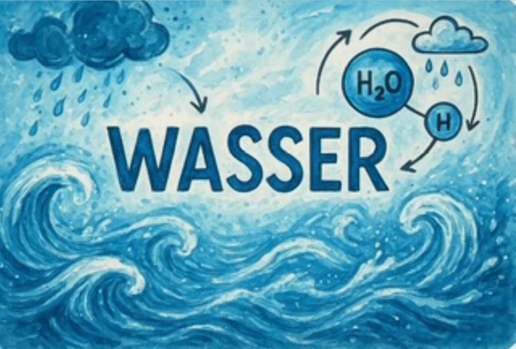 Unser Wasser-Projekt illustration mit dem wort wasser, die wellen, regenwolken und ein diagramm des wassermoleküls h₂o zeigt, zusammen mit dem wasserkreislauf in der natur. das farbschema ist blau und weiß.
