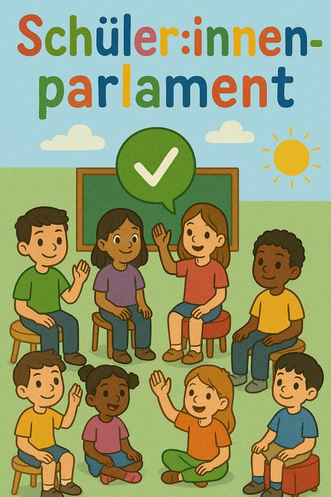 eine illustration von sieben kindern, die in einem kreis in einem klassenzimmer sitzen, mit einer kreidetafel und der sonne im hintergrund. der text darüber lautet schüler:innenparlament in bunten buchstaben. die kinder scheinen gemeinsam zu diskutieren.