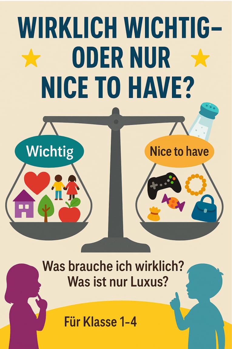 illustration einer skala, auf der "wichtige" dinge wie familie, haus und essen auf der einen seite und "nice to have" gegenstände wie ein gamecontroller, schmuck und eine kamera auf der anderen seite verglichen werden. der text schlägt vor, zwischen bedürfnissen und luxus zu unterscheiden.