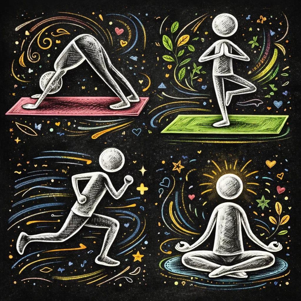 vier strichmännchen im kreidestil illustrieren aktivitäten: yogastellung auf einer rosa matte, baumstellung auf einer grünen matte, laufen und meditieren im schneidersitz, umgeben von bunten wirbeln, sternen, herzen und blättern auf schwarzem hintergrund. vier strichmännchen im kreidestil illustrieren aktivitäten: yogastellung auf einer rosa matte, baumstellung auf einer grünen matte, laufen und meditieren im schneidersitz, umgeben von bunten wirbeln, sternen, herzen und blättern auf schwarzem hintergrund.