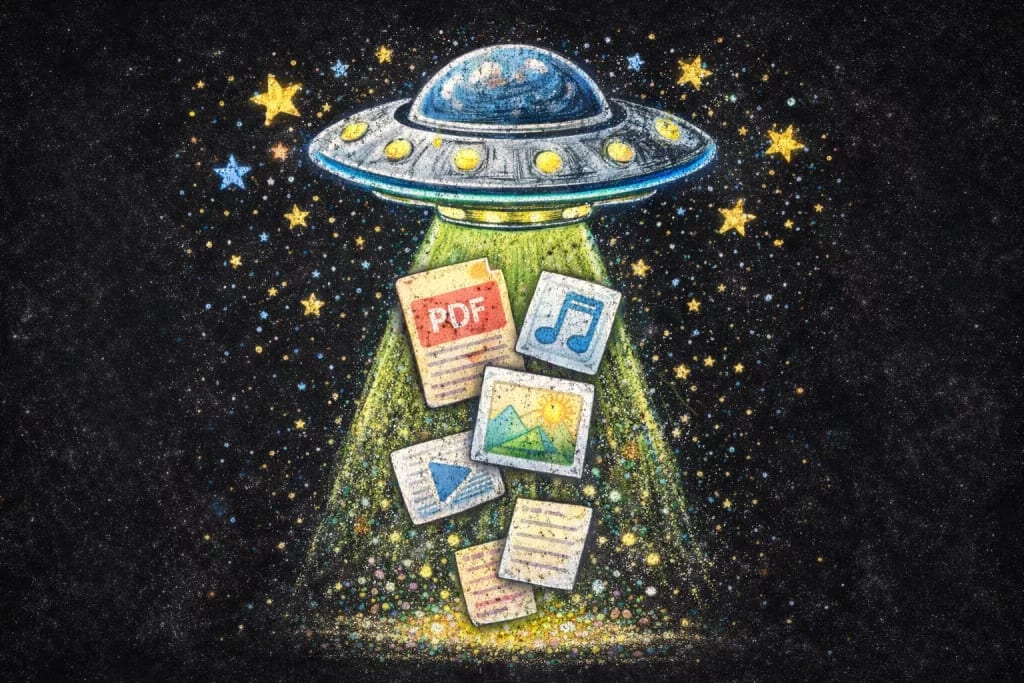 Downloads ein ufo strahlt grüne lichtstrahlen aus und entführt verschiedene digitale dateisymbole, darunter pdf , musik , foto und dokumentdateien, vor einem sternenklaren, kosmischen hintergrund.
