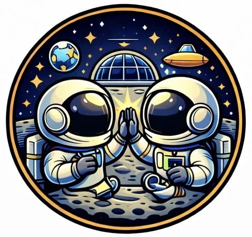 zwei cartoon astronauten in raumanzügen geben sich auf dem mond sitzend die hand, mit der erde, einem raumschiff und sternen im hintergrund, eingerahmt von einem kreisförmigen rahmen. zwei cartoon astronauten in raumanzügen geben sich auf dem mond sitzend die hand, mit der erde, einem raumschiff und sternen im hintergrund, eingerahmt von einem kreisförmigen rahmen.