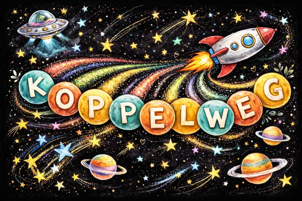 bunte zeichnung einer rakete und eines ufos, die durch eine sternenszene mit planeten und sternen fliegen und regenbogenstaub hinter dem text koppelweg auf runden, farbigen formen hinterlassen.