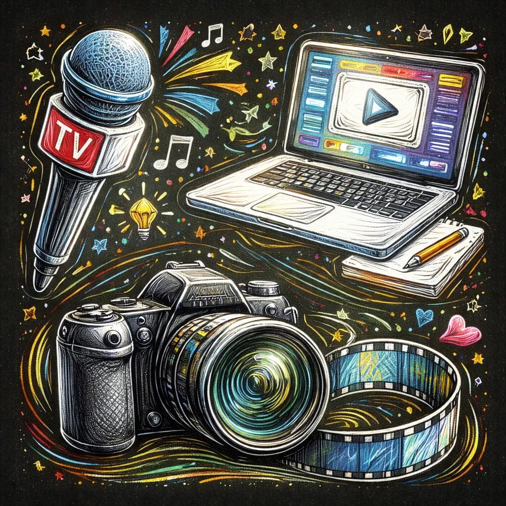 eine farbenfrohe illustration eines fernsehmikrofons, eines laptops mit einer wiedergabetaste auf dem bildschirm, eines notizbuchs mit einem bleistift, einer kamera und einem filmstreifen, umgeben von musiknoten, sternen und glühbirnen. eine farbenfrohe illustration eines fernsehmikrofons, eines laptops mit einer wiedergabetaste auf dem bildschirm, eines notizbuchs mit einem bleistift, einer kamera und einem filmstreifen, umgeben von musiknoten, sternen und glühbirnen.