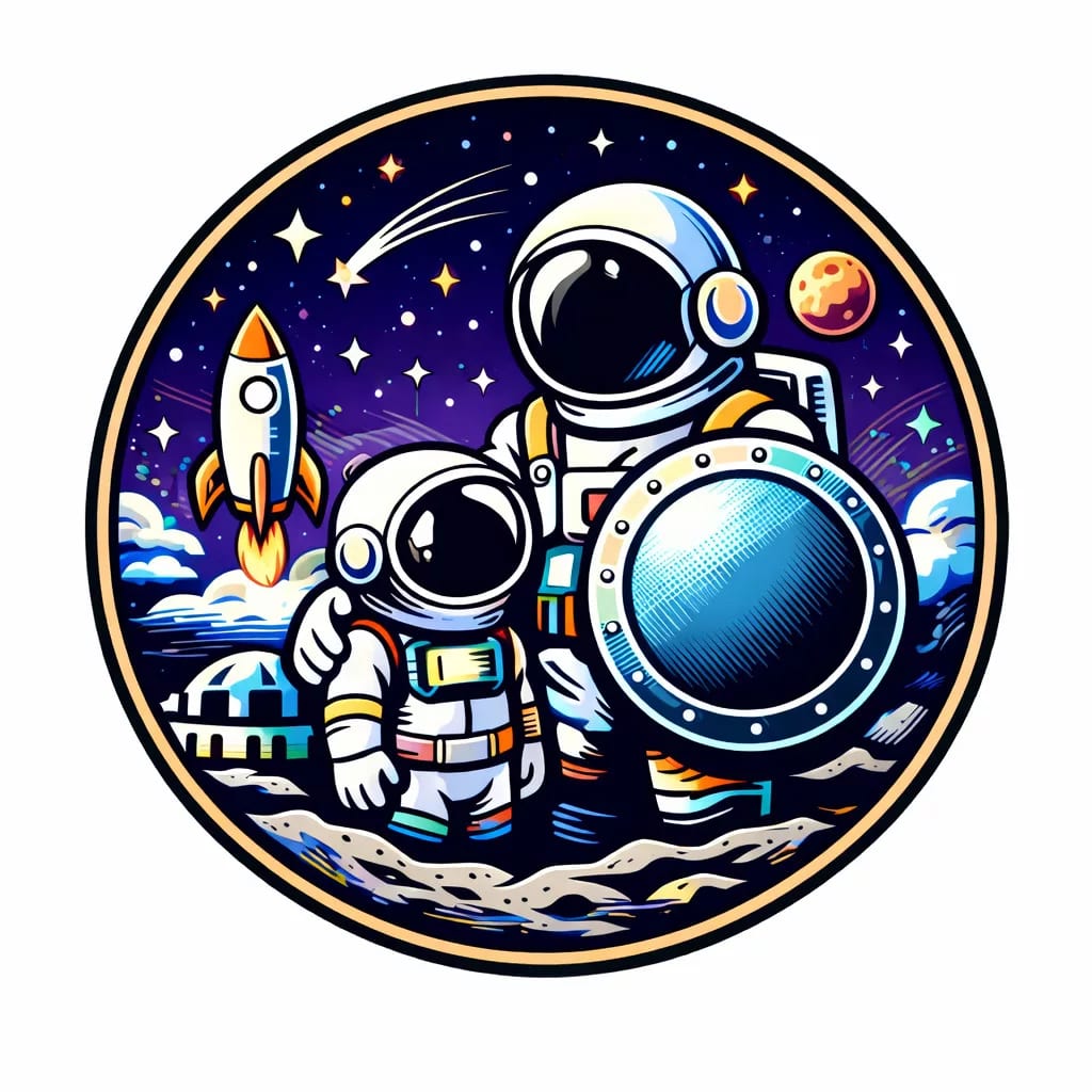 zwei astronauten in farbenfrohen anzügen stehen auf der mondoberfläche mit einer startenden rakete im hintergrund, sternen und planeten am himmel und mondgebäuden im hintergrund, alles in einem kreisförmigen rahmen. zwei astronauten in farbenfrohen anzügen stehen auf der mondoberfläche mit einer startenden rakete im hintergrund, sternen und planeten am himmel und mondgebäuden im hintergrund, alles in einem kreisförmigen rahmen.