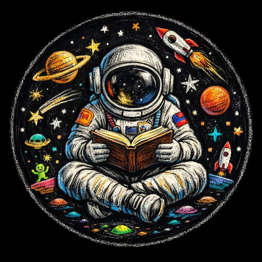 ein astronaut in einem raumanzug sitzt im schneidersitz und liest ein buch im weltraum, umgeben von planeten, sternen, raketen und einem winzigen grünen außerirdischen, alles vor einem schwarzen sternenhintergrund. ein astronaut in einem raumanzug sitzt im schneidersitz und liest ein buch im weltraum, umgeben von planeten, sternen, raketen und einem winzigen grünen außerirdischen, alles vor einem schwarzen sternenhintergrund.