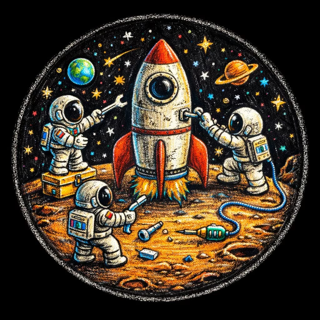 drei astronauten in anzügen arbeiten zusammen auf einem raketenschiff in einer farbenfrohen, sternenübersäten außerirdischen landschaft mit planeten, sternen und werkzeugen, die auf dem boden verstreut sind. im hintergrund sind die erde und der saturn zu sehen. drei astronauten in anzügen arbeiten zusammen auf einem raketenschiff in einer farbenfrohen, sternenübersäten außerirdischen landschaft mit planeten, sternen und werkzeugen, die auf dem boden verstreut sind. im hintergrund sind die erde und der saturn zu sehen.