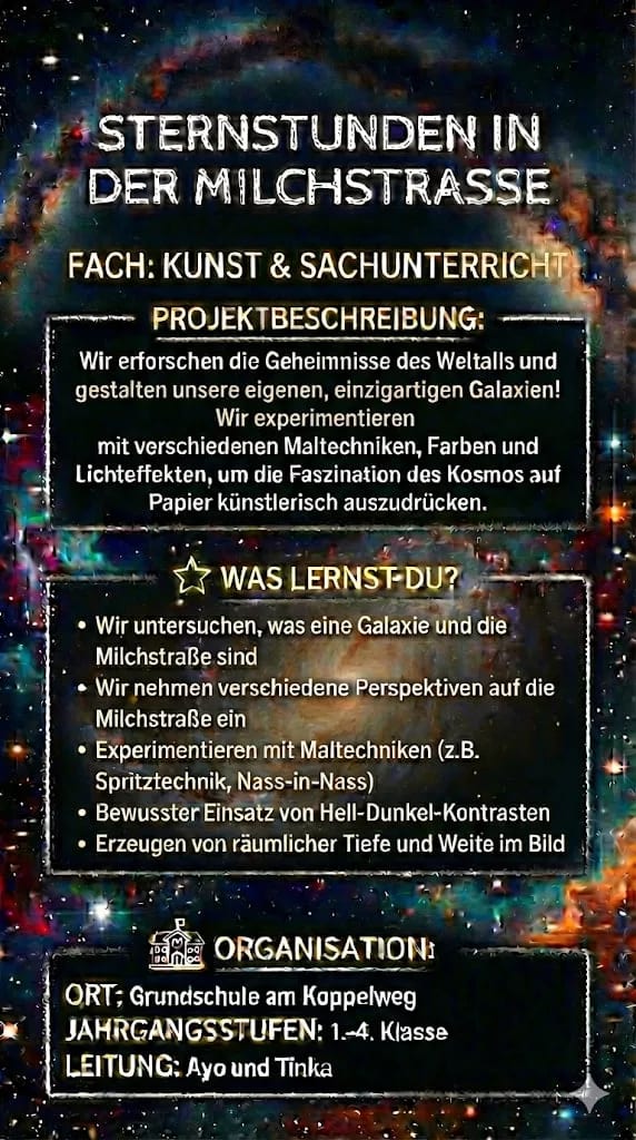 plakat für ein schulprojekt mit dem titel "sternstunden in der milchstraße" für den kunst und naturwissenschaftsunterricht, das aktivitäten zur erforschung des weltraums, kunsttechniken und projektdetails vor einem hintergrund aus sternengalaxien beschreibt.