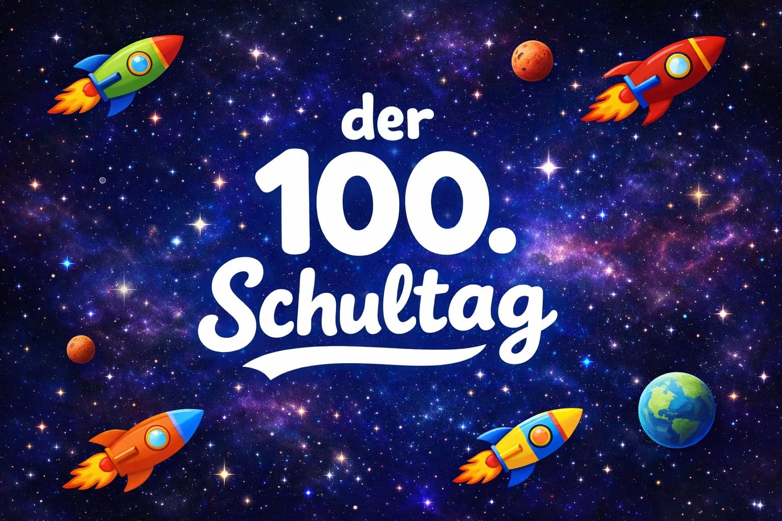 bunte raketen, planeten und sterne im weltraum umgeben den deutschen text der 100. schultag in fetten, weißen buchstaben auf einem sternenübersäten galaxienhintergrund.