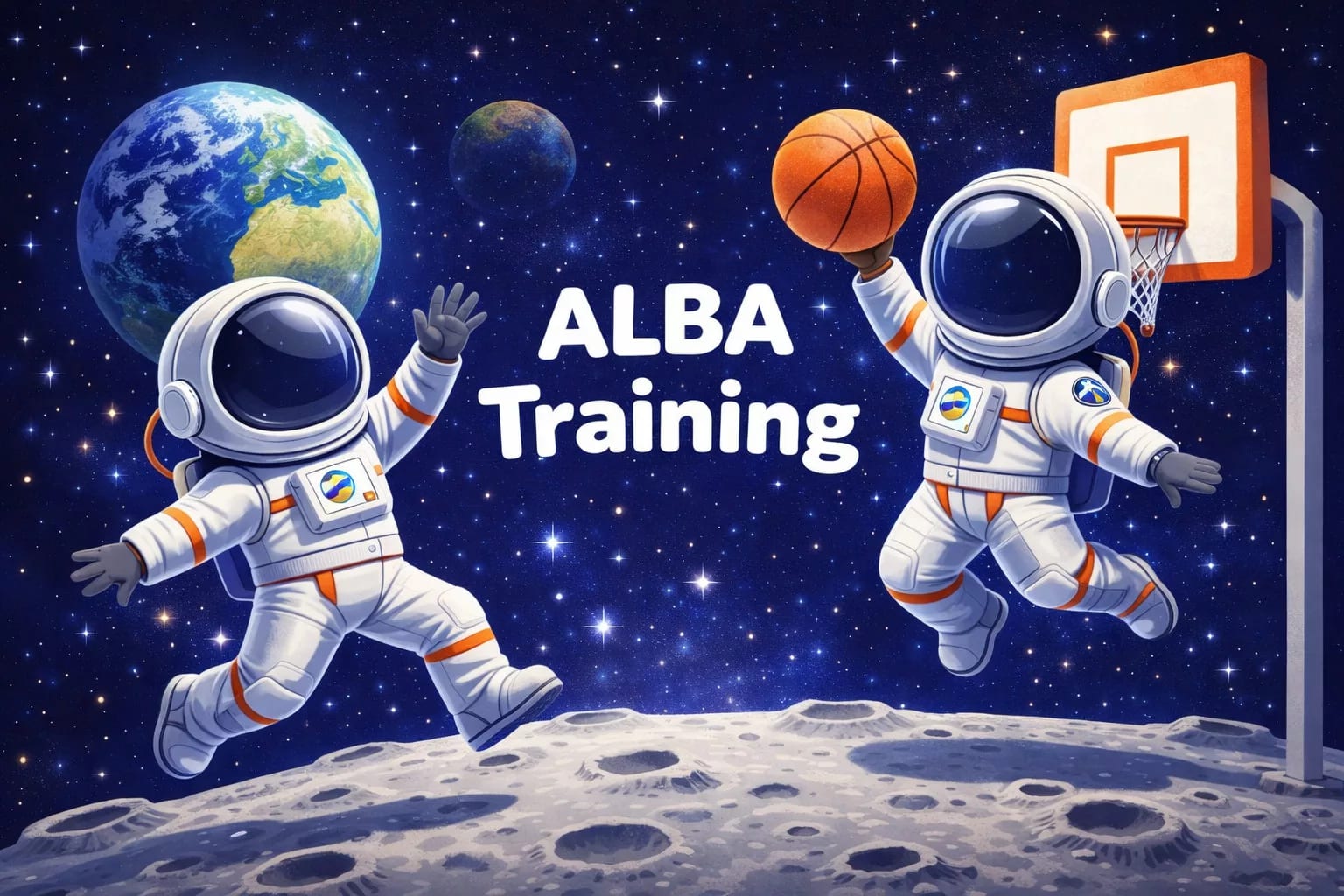 zwei astronauten spielen basketball auf dem mond mit der erde im hintergrund. ein astronaut springt, um den ball in einen korb zu werfen. in der mitte erscheint der text alba training. sterne füllen die weltraumszene.