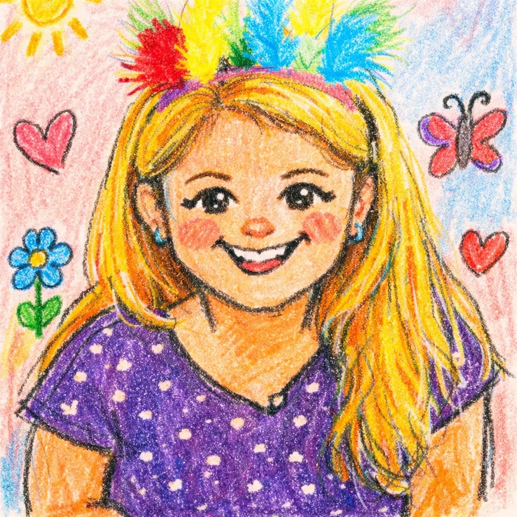 ein lächelndes mädchen mit langen blonden haaren trägt ein lila gepunktetes hemd und ein stirnband mit bunten federn. im hintergrund sind eine sonne, herzen, eine blume und ein schmetterling mit buntstiften gezeichnet.
