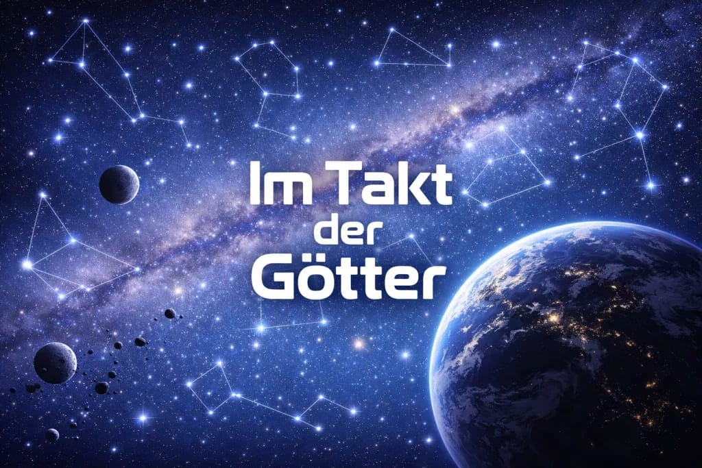 Im Takt der Götter ein blick auf die erde aus dem weltraum mit sternen, planeten und sternbildlinien. die milchstraße erstreckt sich über den hintergrund. in der mitte steht in fetten weißen buchstaben "im takt der götter".