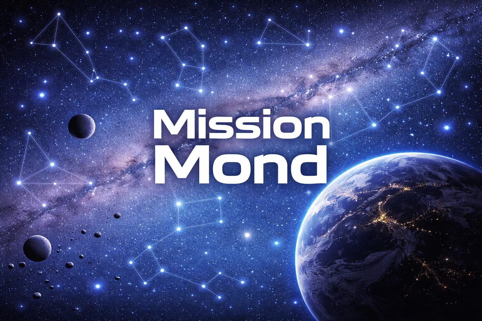 Mission Mond - Wir erforschen unseren Nachbarn im All der text mission mond wird über ein bild der erde aus dem weltraum gelegt, auf dem die lichter der stadt, nahe gelegene planeten und sterne sowie weiße sternbildlinien vor einem tiefblauen sternenhintergrund zu sehen sind.
