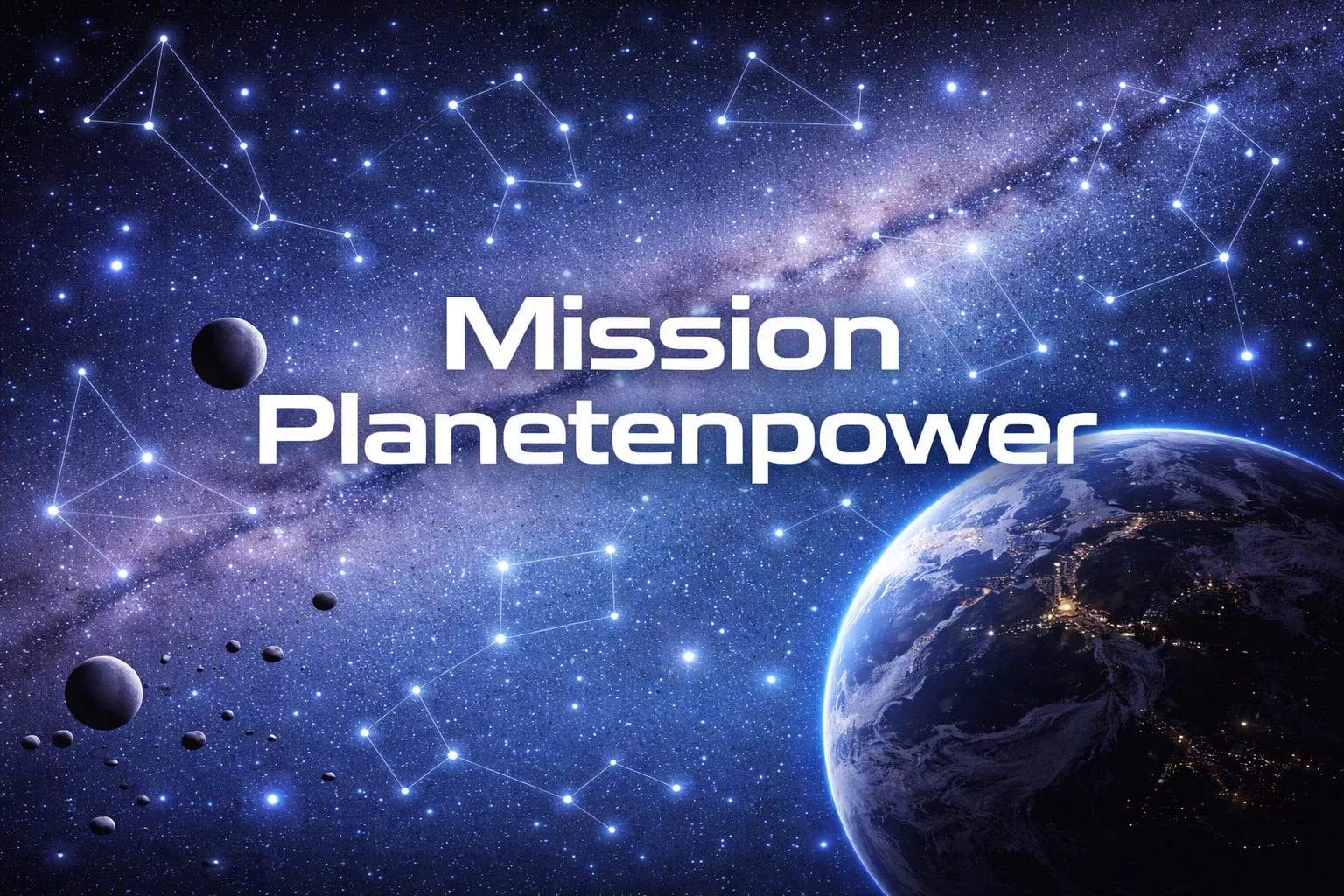 Mission Planetenpower: Abenteuer im Sonnensystem! der text mission planetenpower erscheint über einer weltraumszene mit der erde, den planeten und dem asteroidengürtel im vordergrund. ein sternenübersäter hintergrund zeigt sternbilder und das leuchtende band der milchstraße.