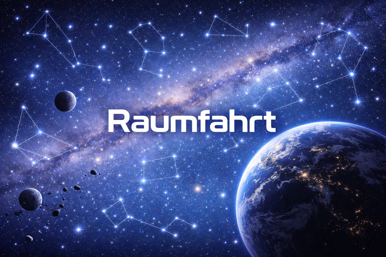 Der lange Weg ins All - Raumfahrt ein blick auf die erde aus dem weltraum mit sternen, sternbildern, planeten und asteroiden. das wort raumfahrt ist in der mitte prominent dargestellt.