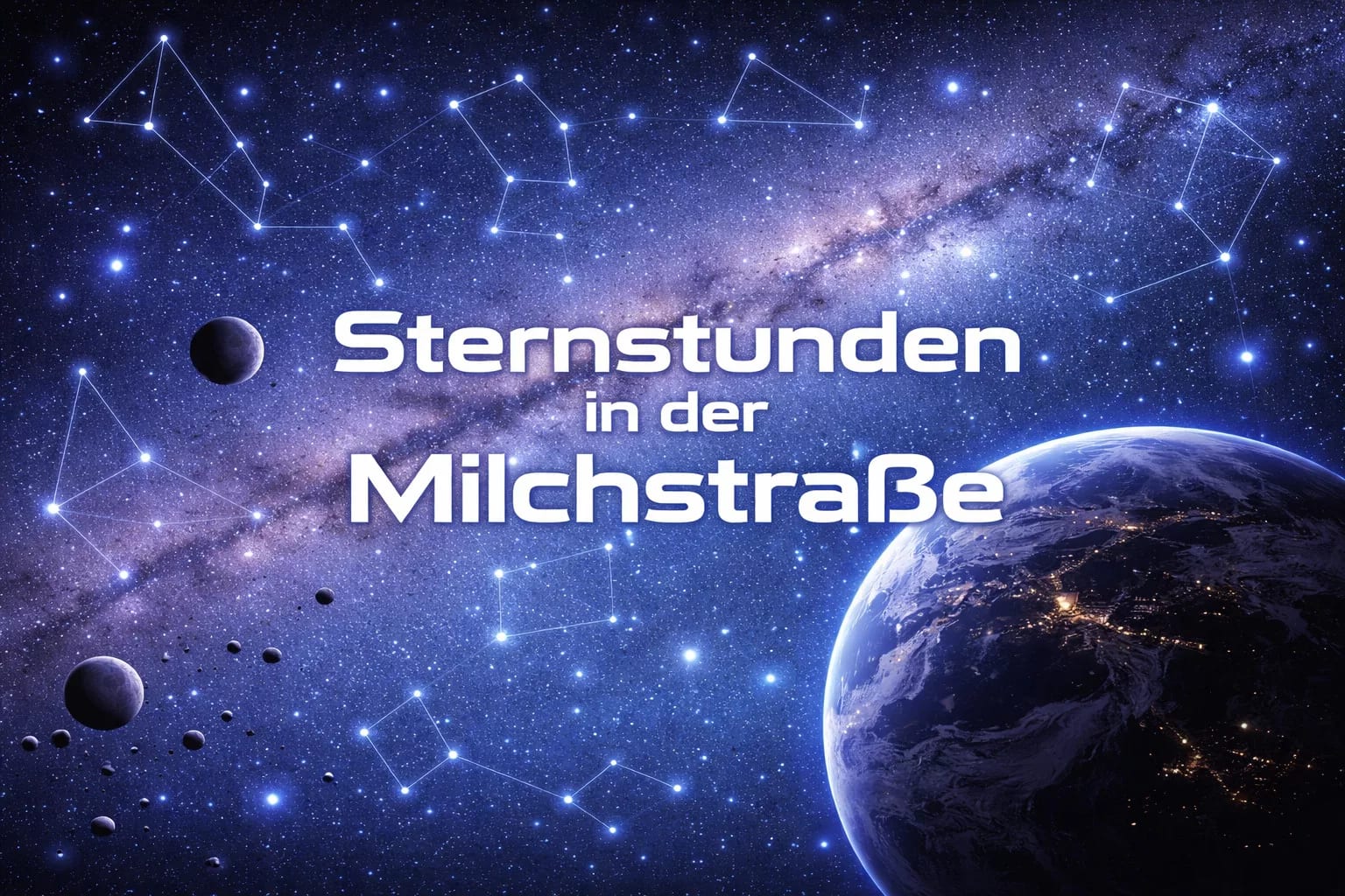 Sternstunden in der Milchstraße ein blick auf die erde aus dem weltraum mit sternen, sternbildern und planeten. der text auf deutsch lautet: sternstunden in der milchstraße, d. h. große momente in der milchstraße.