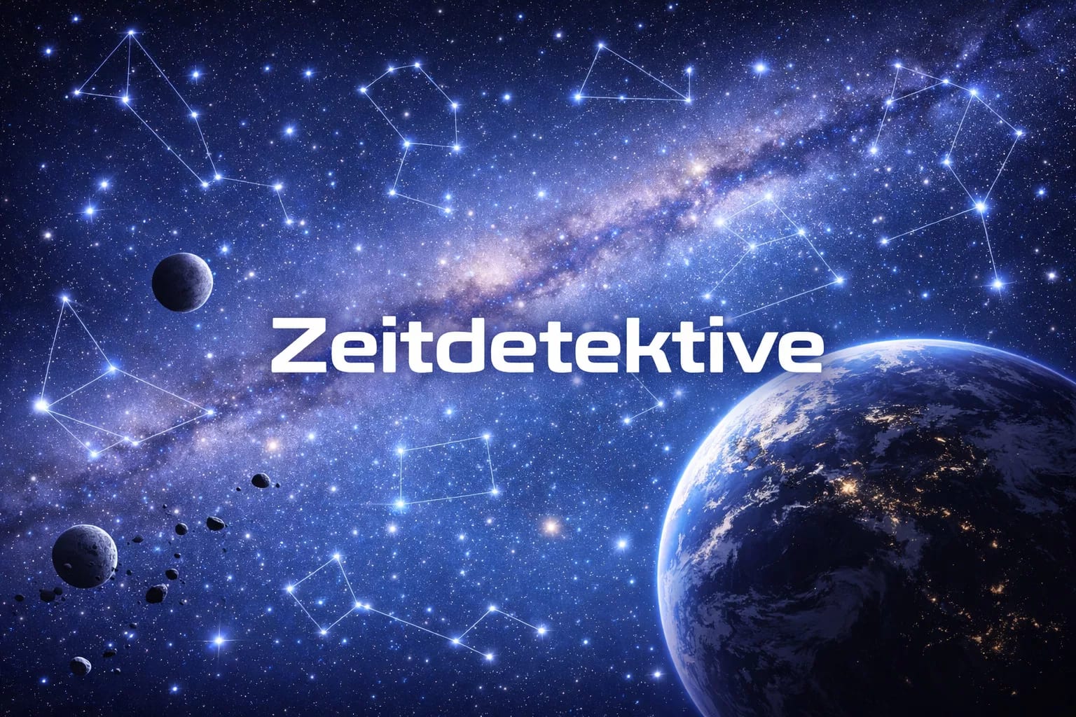 Die Zeitdetektive eine ansicht der erde aus dem weltraum mit sternen, sternbildern und planeten im hintergrund. das wort zeitdetektive erscheint in fetter weißer schrift in der mitte.