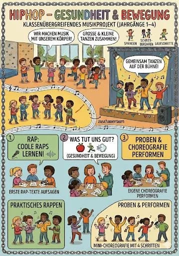bunt illustriertes poster, das die teilnahme von kindern an einem hip hop gesundheits und bewegungsprojekt zeigt. die kinder rappen, tanzen, treten auf der bühne auf und üben choreografien, wobei sprechblasen die aktivitäten beschreiben.