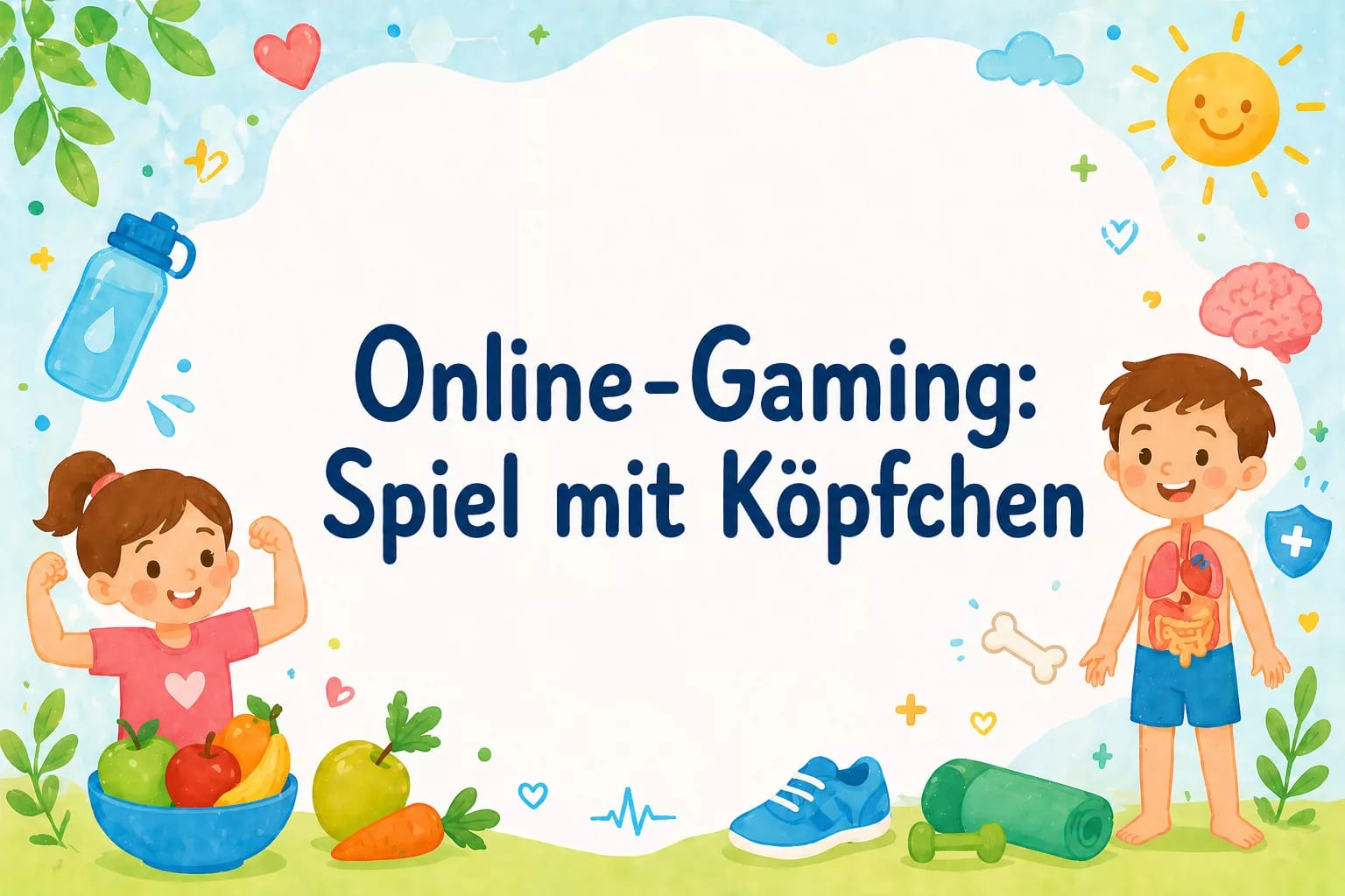 bunte illustration mit deutschem text online gaming: spiel mit köpfchen. zeigt ein mädchen, das stärke mit obst und gemüse zeigt, und einen jungen mit organabbildungen, umgeben von gesundheits und fitnesssymbolen, auf einem hellen hintergrund.