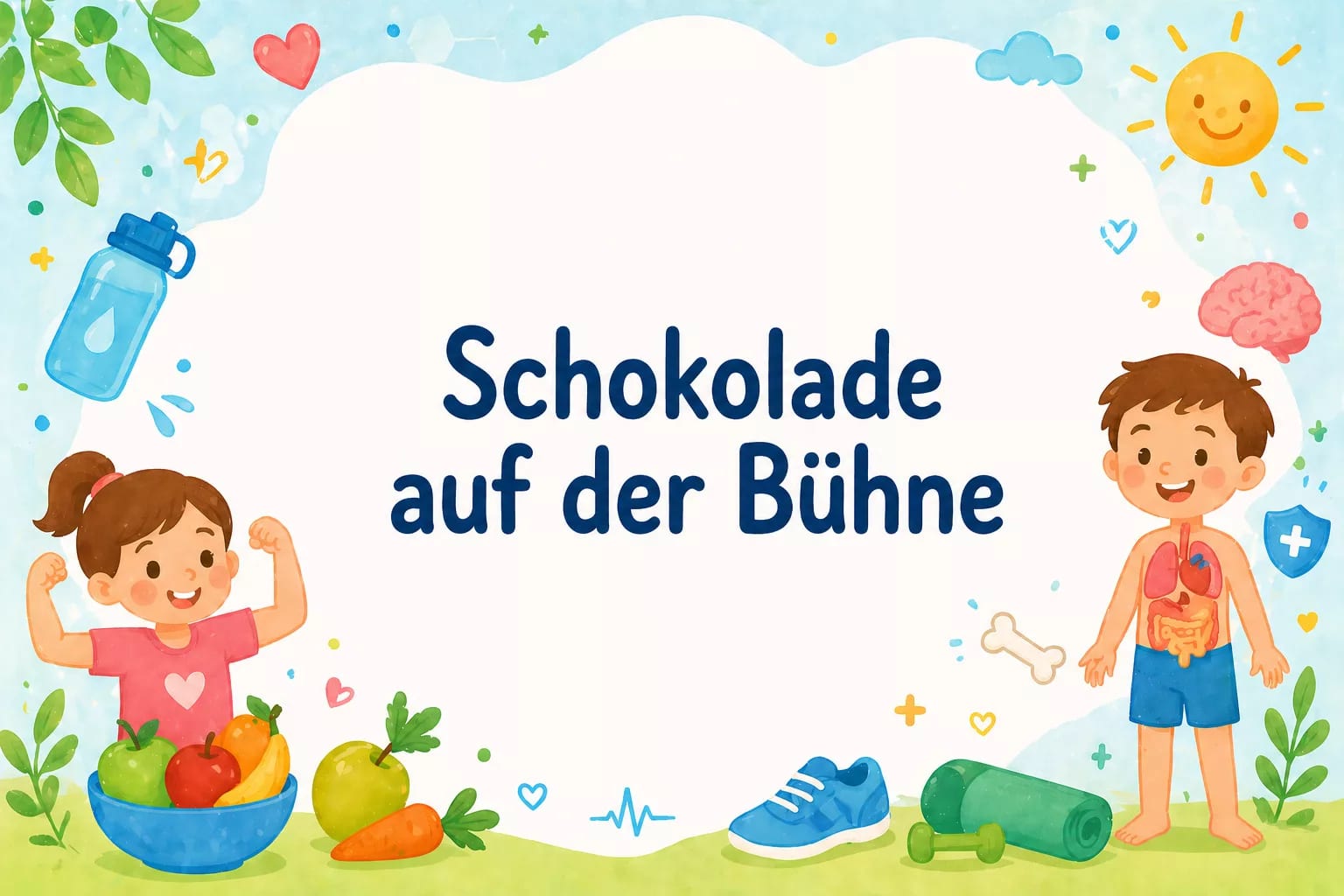 bunte illustration mit deutschem text "schokolade auf der bühne" in der mitte, umgeben von fröhlichen kindern, gemüse, sportgeräten, einer wasserflasche, wolken, sonne und verspielten dekorativen elementen.