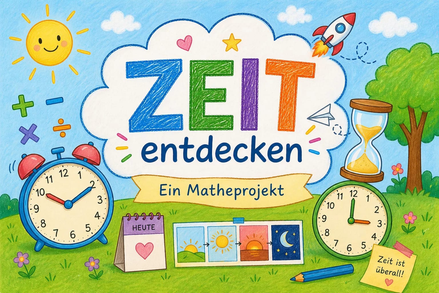 Schwerpunktprojekt Mathe - "Zeit entdecken" bunt illustriertes cover mit den deutschen wörtern zeit entdecken und ein matheprojekt. mit uhren, sonne, mondphasen, sanduhr, wecker, rakete, wolken, gras und einem klebezettel mit der aufschrift "zeit ist überall".