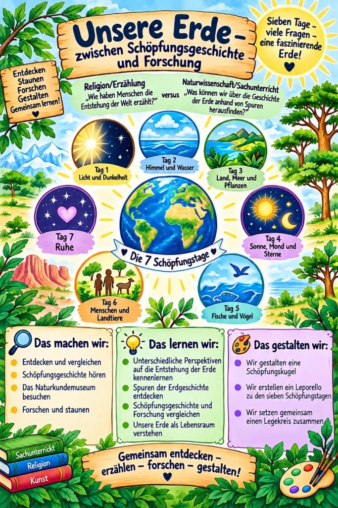 farbenfrohes deutsches lehrplakat zum thema schöpfungsgeschichte im vergleich zur wissenschaftlichen forschung, das die sieben schöpfungstage anhand von illustrationen und abschnitten veranschaulicht, in denen erklärt wird, was man gemeinsam über die erde tun, lernen und gestalten kann.
