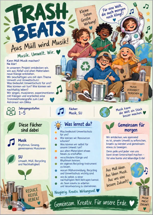 vier lächelnde kinder in bunten kleidern und mit kopfhörern spielen musik auf recycelten materialien wie eimern und dosen. hinter ihnen sind noten, grüne blätter und positive botschaften zu sehen, die davon handeln, wie man aus müll musik macht, um der umwelt zu helfen. vier lächelnde kinder in bunten kleidern und mit kopfhörern spielen musik auf recycelten materialien wie eimern und dosen. hinter ihnen sind noten, grüne blätter und positive botschaften zu sehen, die davon handeln, wie man aus müll musik macht, um der umwelt zu helfen.