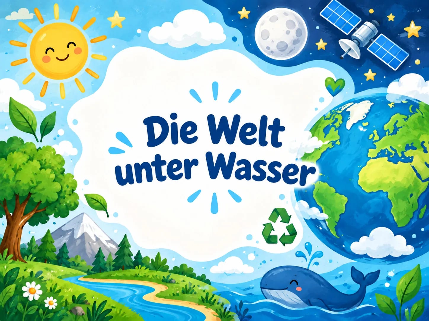 eine farbenfrohe illustration mit dem text „die welt unter wasser“, auf der die sonne, die erde, ein wal, bäume, ein fluss, berge, wolken, sterne, der mond, ein satellit und ein recycling symbol zu sehen sind.