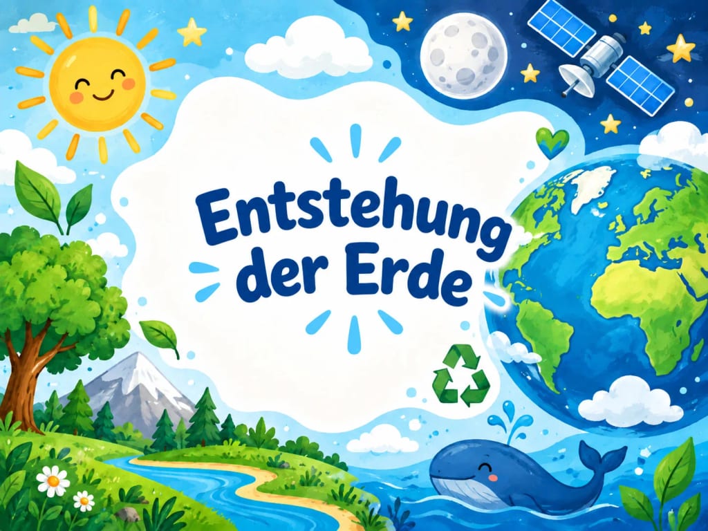 farbenfrohe illustration mit sonne, mond, satellit, erde, bäumen, fluss, bergen, einem wal und einem recycling symbol. der deutsche text in der mitte lautet: „entstehung der erde“.