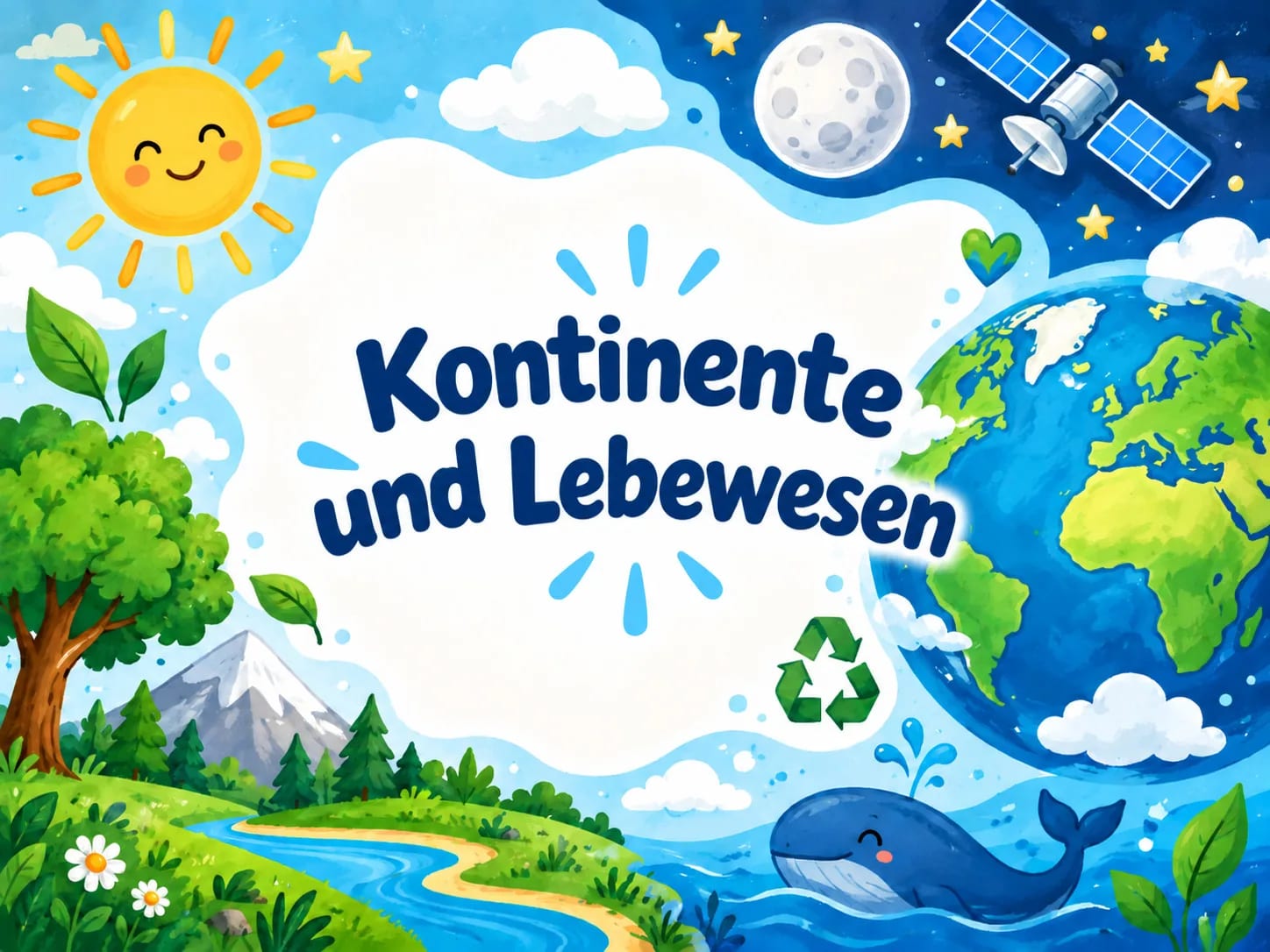 farbenfrohe illustration mit dem text „kontinente und lebewesen“, umgeben von sonne, mond, erde, bäumen, einem fluss, bergen, einem wal, dem recycling symbol und einem satelliten im cartoon stil.