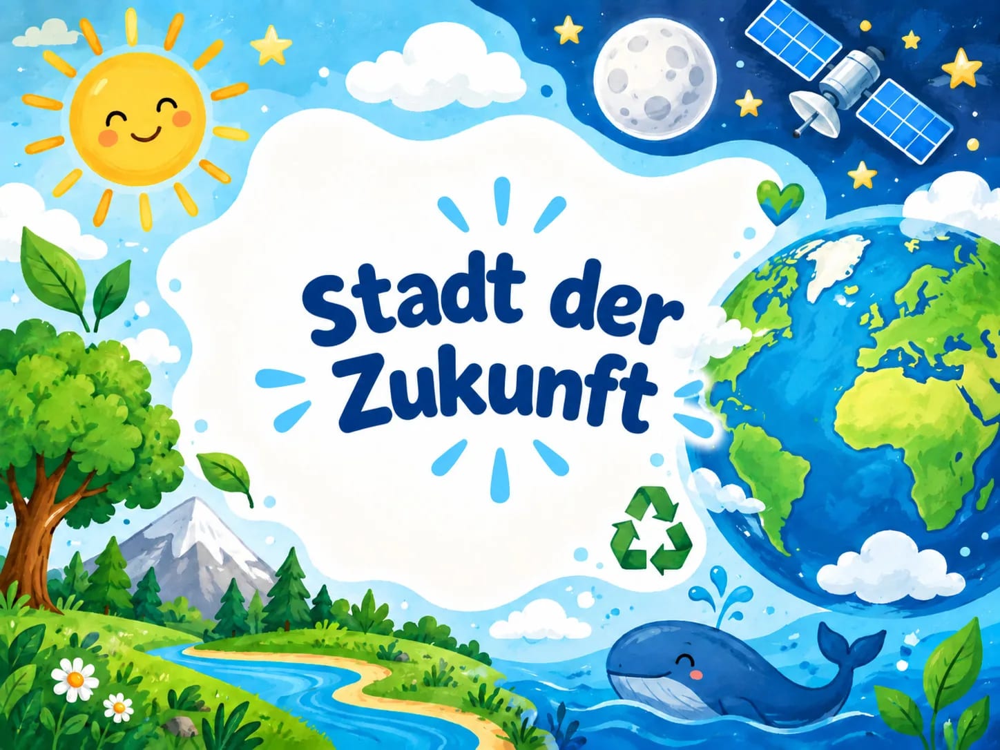 farbenfrohe illustration mit sonne, mond, erde, wal, bäumen, satellit und recycling symbol. der text in der mitte lautet „stadt der zukunft“ auf deutsch.