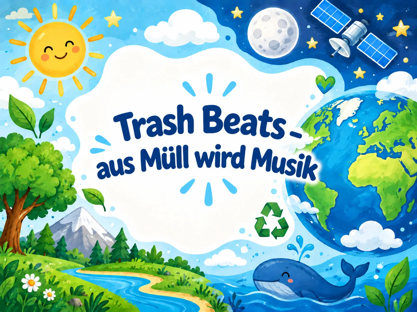 farbenfrohe illustration mit sonne, mond, erde, bäumen, einem wal, einem satelliten und recycling symbolen. der deutsche text lautet: „trash beats – aus müll wird musik“.