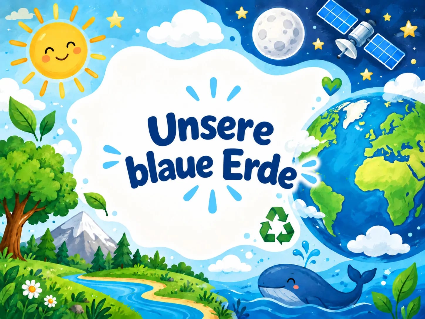 eine farbenfrohe illustration mit dem schriftzug „unsere blaue erde“ in der mitte, auf der die sonne, der mond, die erde, bäume, ein fluss, berge, ein wal, ein satellit, das recycling symbol und ein herz zu sehen sind.