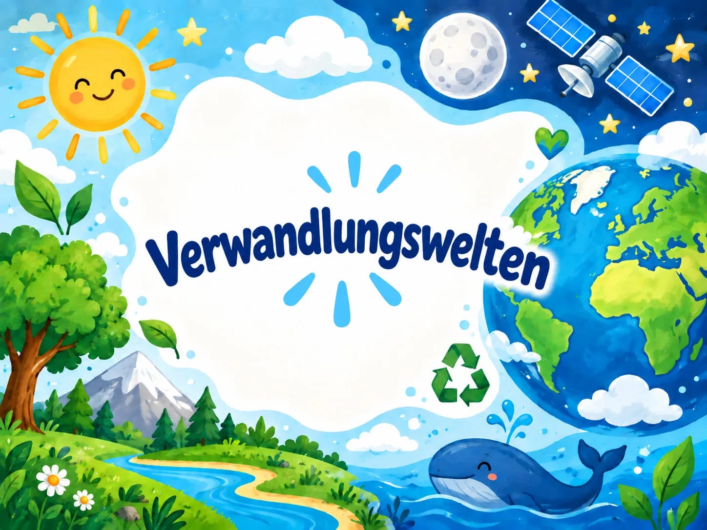 farbenfrohe cartoon zeichnung mit erde, sonne, mond, bäumen, fluss, wal, recycling symbol, satellit, wolken und dem schriftzug „verwandlungswelten“ in der mitte, umgeben von natur und umweltelementen.