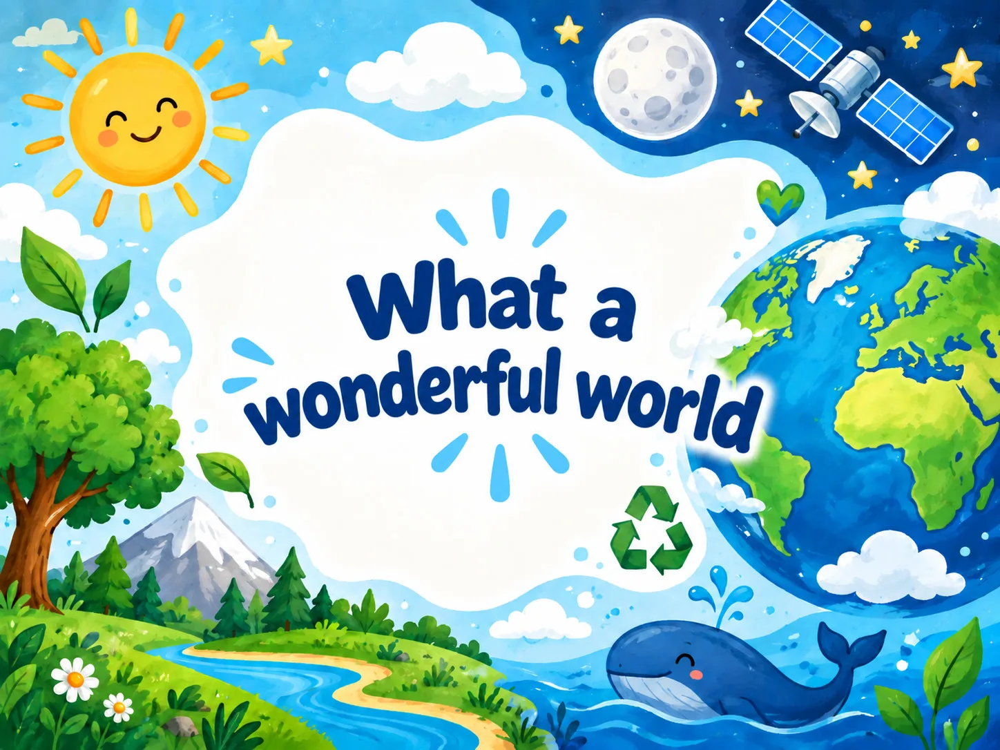 ein sonniger tag und eine sternenklare nacht mit der erde, dem recycling symbol, einem wal, bäumen, bergen und einem fluss. der text in der mitte lautet: „was für eine wundervolle welt …“.