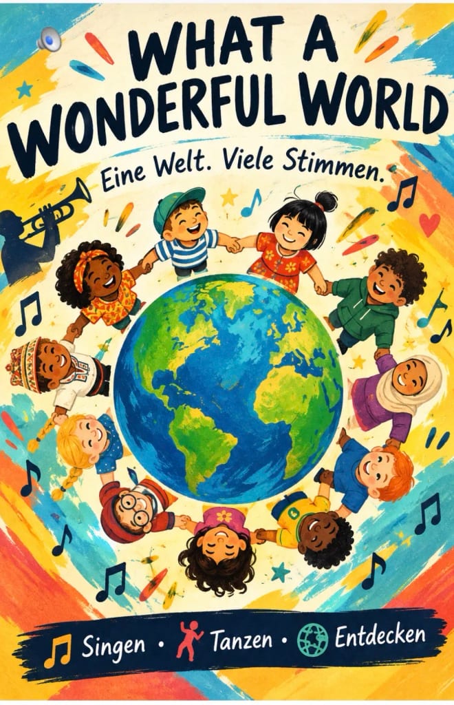 illustration, auf der verschiedene kinder sich an den händen halten und einen kreis um die erde bilden, mit bunten noten, sternen und wirbeln. oben steht der text: „what a wonderful world. eine welt. viele stimmen.“. illustration, auf der verschiedene kinder sich an den händen halten und einen kreis um die erde bilden, mit bunten noten, sternen und wirbeln. oben steht der text: „what a wonderful world. eine welt. viele stimmen.“.