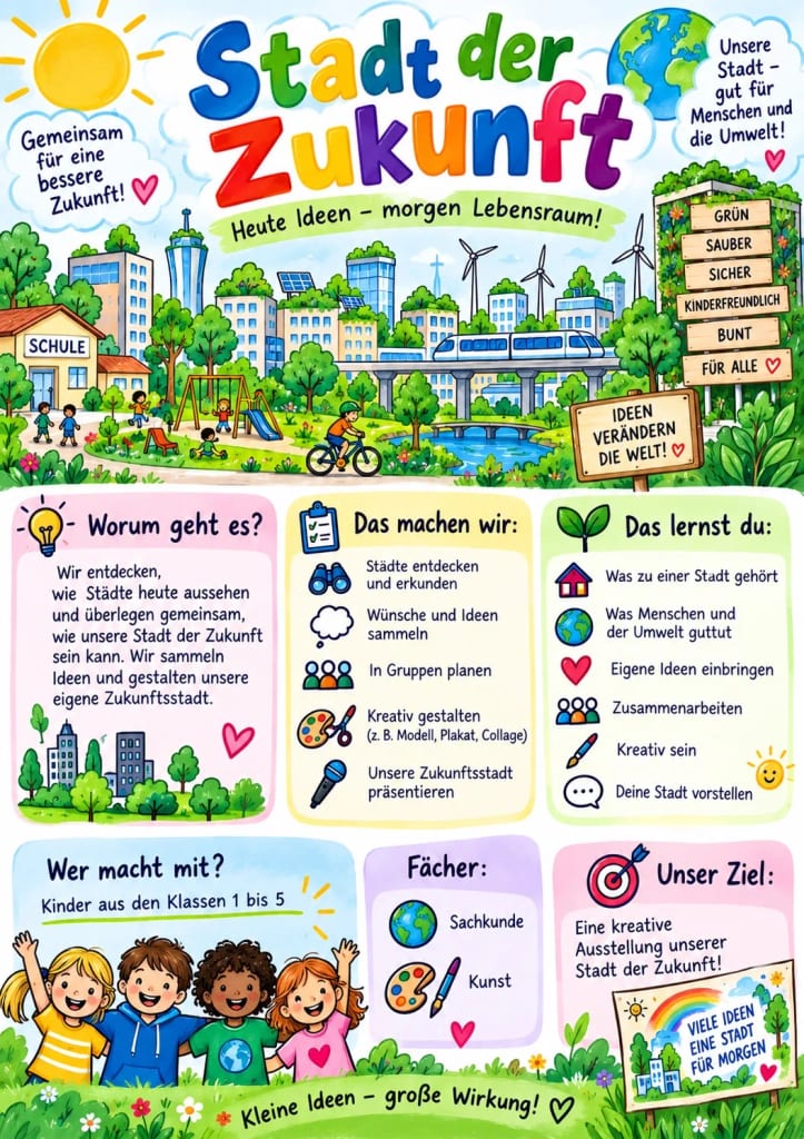 farbenfrohes deutsches plakat mit dem titel „stadt der zukunft“ und abbildungen von kindern, einer stadt, windkraftanlagen und bäumen. es erläutert ein schulprojekt zum thema „städte der zukunft“ und nutzt dabei spielerische symbole und textfelder für lernziele, aktivitäten und mitmachmöglichkeiten. farbenfrohes deutsches plakat mit dem titel „stadt der zukunft“ und abbildungen von kindern, einer stadt, windkraftanlagen und bäumen. es erläutert ein schulprojekt zum thema „städte der zukunft“ und nutzt dabei spielerische symbole und textfelder für lernziele, aktivitäten und mitmachmöglichkeiten.