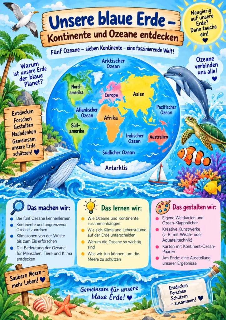 farbenfrohes, illustriertes poster, das eine weltkarte mit den auf deutsch beschrifteten ozeanen und kontinenten zeigt, umgeben von tieren wie delfinen, fischen und vögeln, mit textfeldern, die die ozeane der erde, ihre erforschung und ihren schutz erläutern.