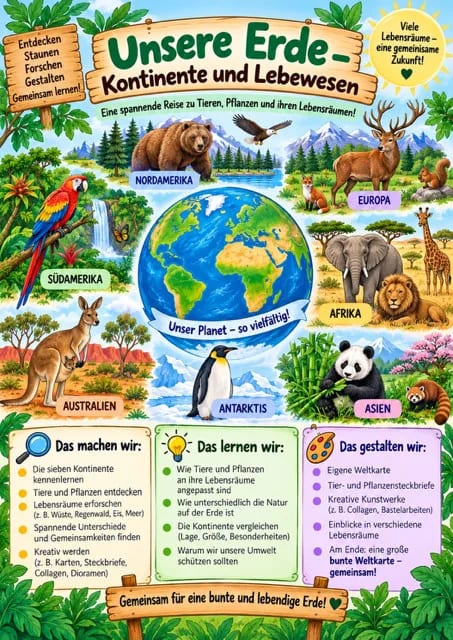 farbenfrohes poster, auf dem tiere und pflanzen aller kontinente rund um einen globus abgebildet sind, mit deutschem text zur erklärung des themas „unsere erde – kontinente und lebewesen“ sowie pädagogischen aktivitäten zu tieren, pflanzen und Ökosystemen.
